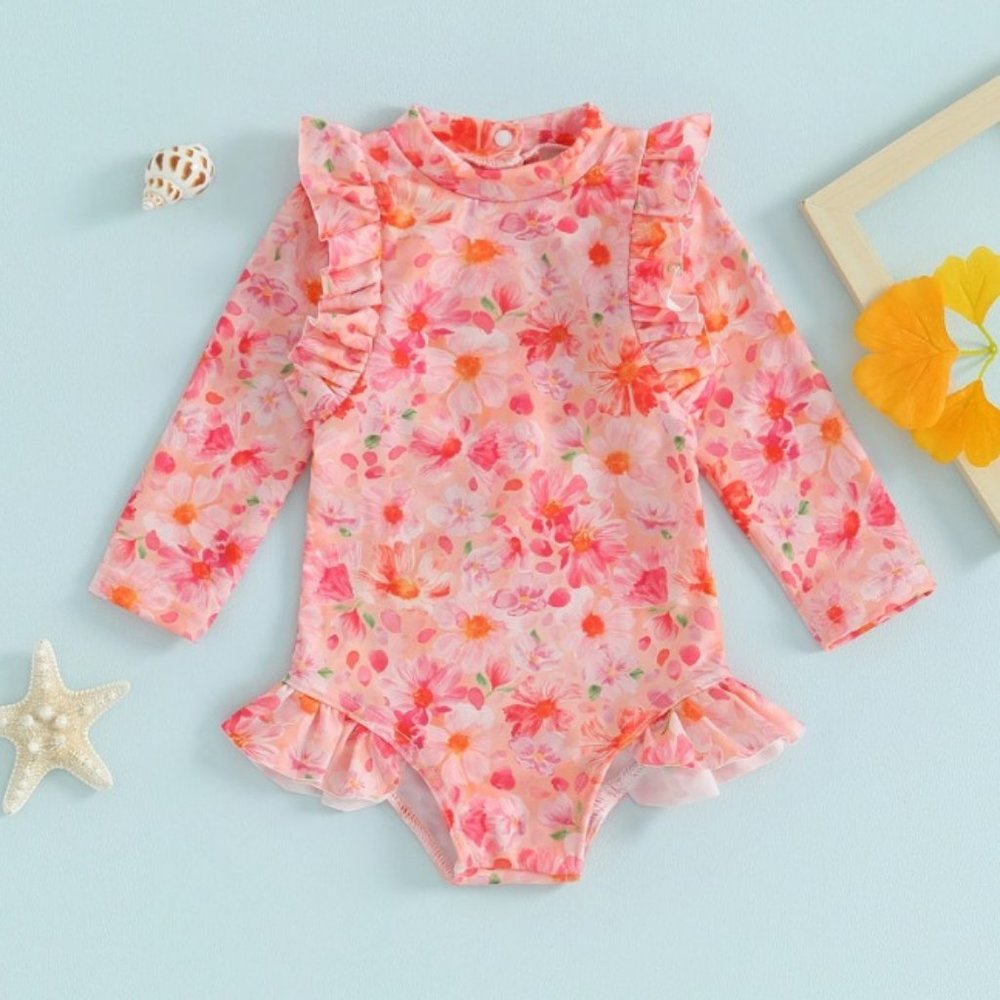 Girls Floral Long Sleeve Swimsuit Bathing Suit